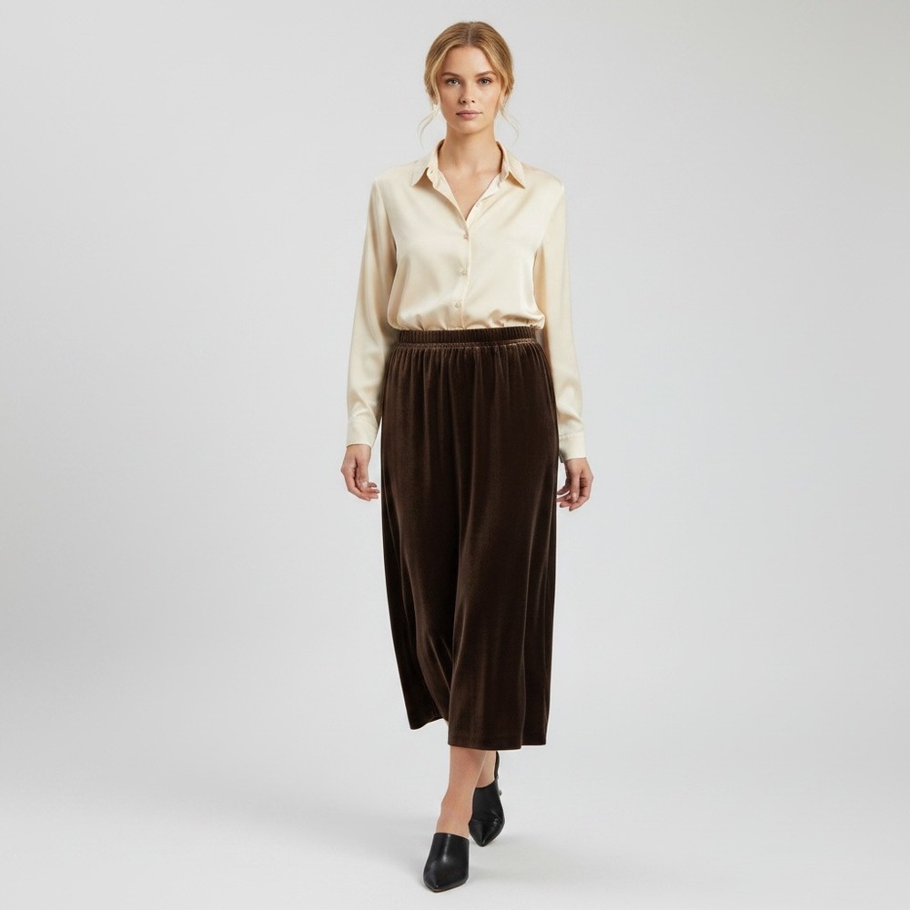 Vintage Brown Velvet Maxi Skirt Made USA Preppy Dark Academia 14 Elastic Waist